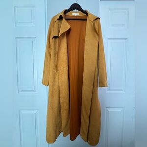Solitaire • Faux Suede Long Jacket Coat • XL • Mustard Yellow Orange • Pockets